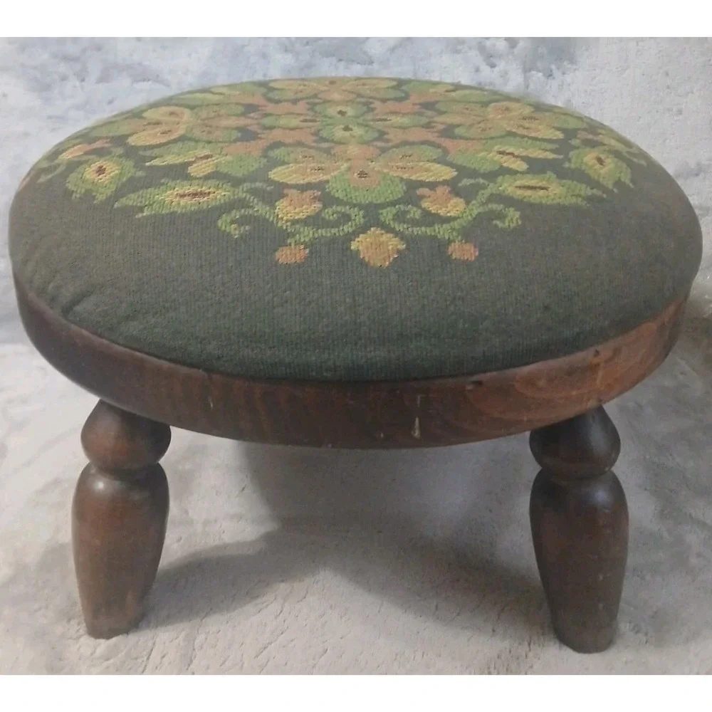 Vtg Ethan Allen Wood Footstool Turned Leg Original Needlework‎ Upholstery READ